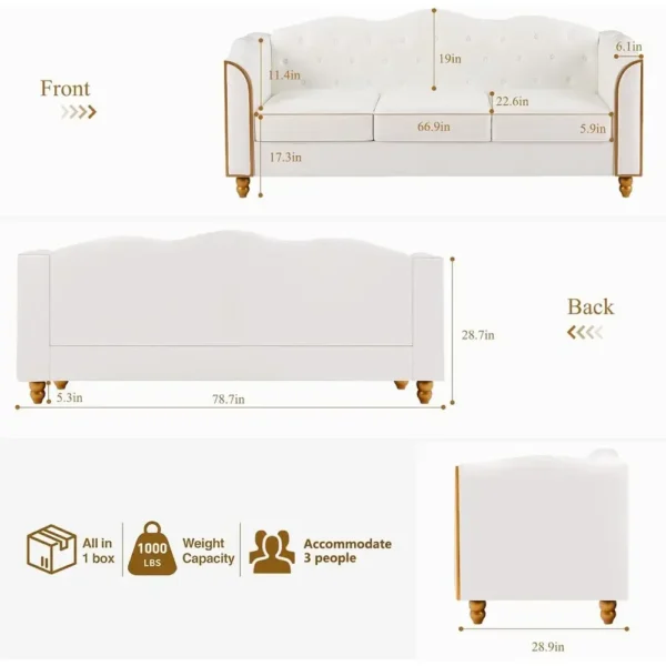 S3e29fe5621bd44ed9f4a11363fb1d011e-1.webp 78" Leather Couch, Sot 3 Seater Couches or Living Room, Button Tuted Comy Couch ern Soa with Upholstered Cushion, Gold