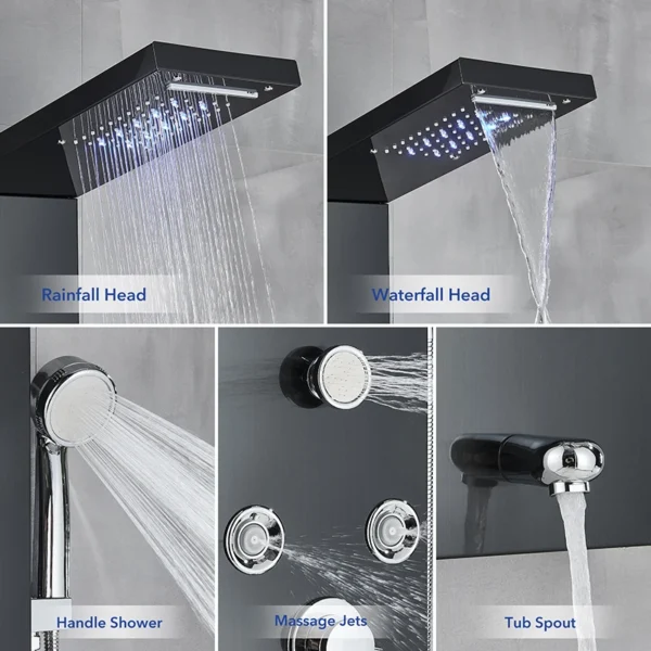 S3fde63d5689f4a749b69df7fc2b3f8aeg.webp LED Shower Panel Waterfall Rain Digital Display Shower Faucet System Set Bathroom Column Mixer With SPA Massage Jet