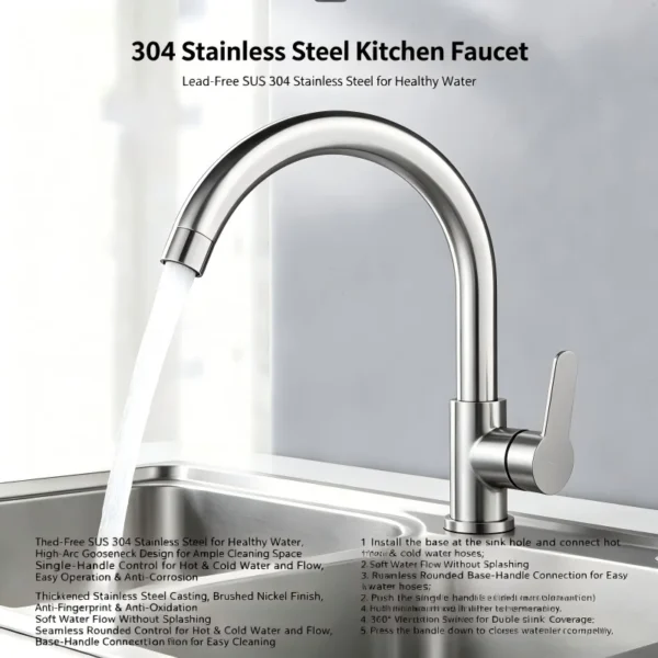 Punch-Free Black Nickel Bathroom Sink Faucet 360° Rotatable Stainless Steel Single Handle Hot Cold Water Mixer Tap Modern Wall