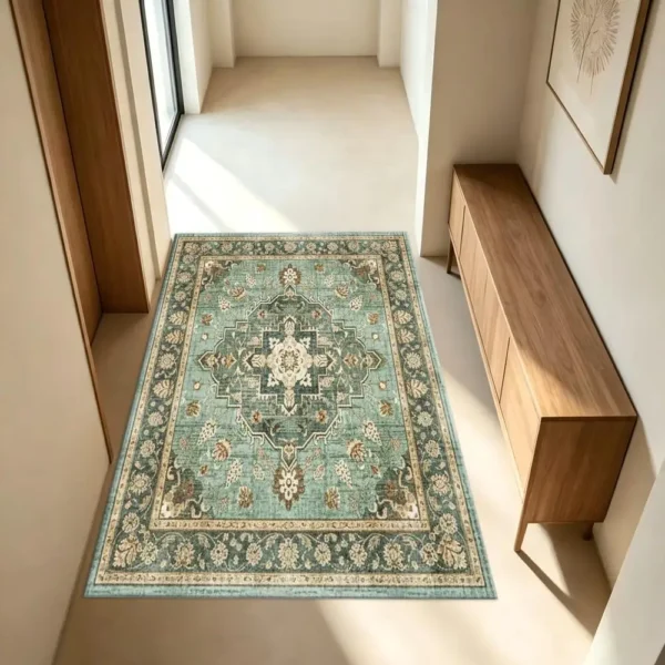S4b818d025f3441c5a7a451dca9b463cbe.webp Muted Teal Medallion Rug, Soft & Comfortable, All Seasons, Easy to Maintain, Machine Washable
