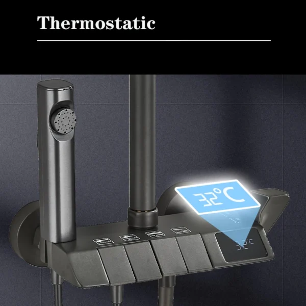 Gun Grey Piano Digital 4 Function Shower Set Bathroom Faucets Hot Cold Waterfall Digtial Display Tap Rainfall Shower System