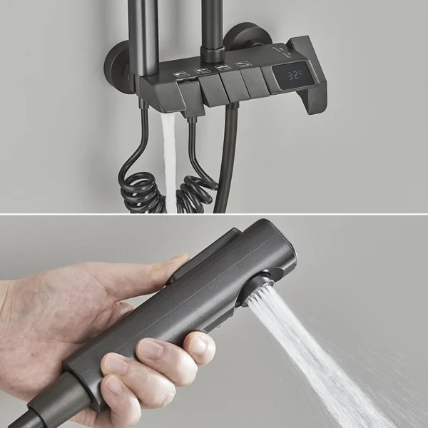 Gun Grey Piano Digital 4 Function Shower Set Bathroom Faucets Hot Cold Waterfall Digtial Display Tap Rainfall Shower System
