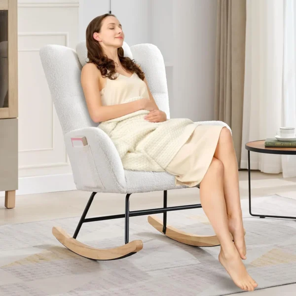 Modern Upholstered Nursery Rocking Chairs, with Side Pocket High Back Teddy Boucle Rocker Chair