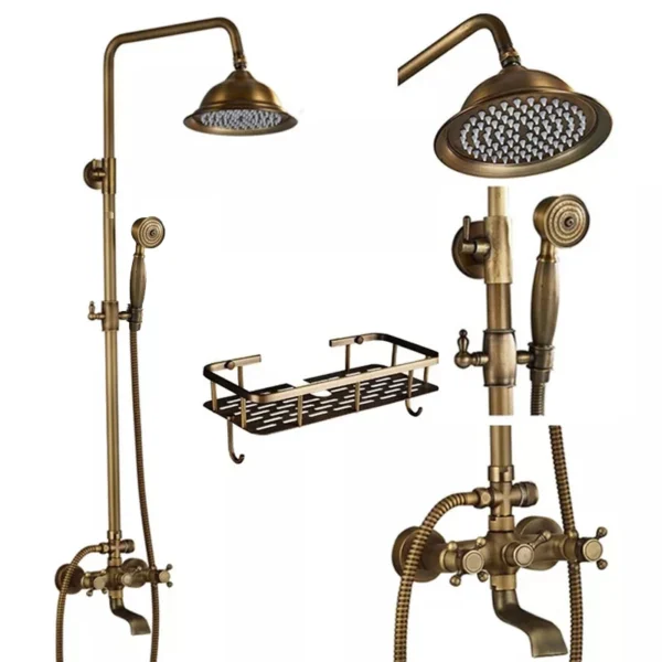 Antique Brass Shower Faucets Set 8'' Rainfall Shower Head Brass Handshower Dual Handle Mixer Tap Rotation Bath Shower Faucet