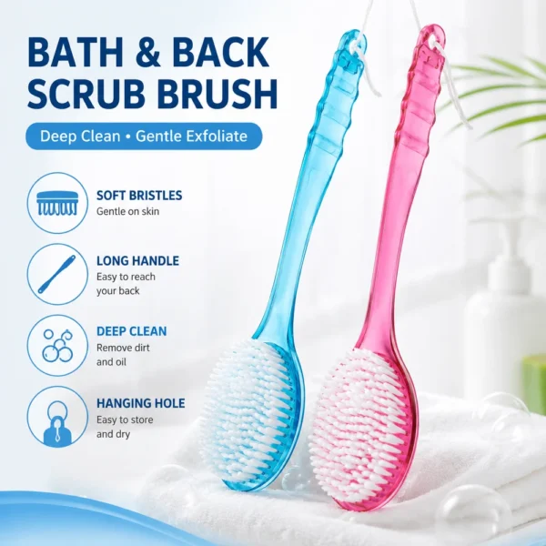2 In 1 Back Bath Brush Long Handle Shower Exfoliating Scrubber Soft Bristle Body Cleansing Massage Brush