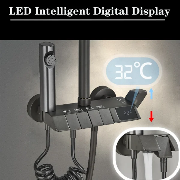 Gun Grey Piano Digital 4 Function Shower Set Bathroom Faucets Hot Cold Waterfall Digtial Display Tap Rainfall Shower System