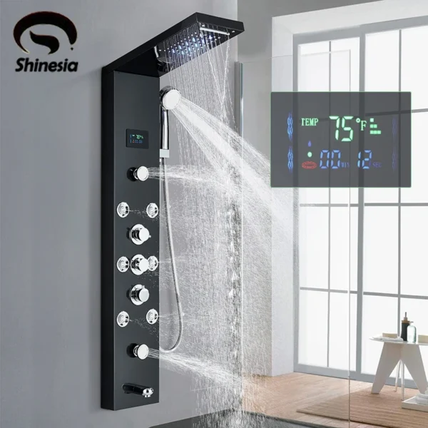 S5b7830a61f0d4f7b8abc3bc098bc35b9Y.webp LED Shower Panel Waterfall Rain Digital Display Shower Faucet System Set Bathroom Column Mixer With SPA Massage Jet