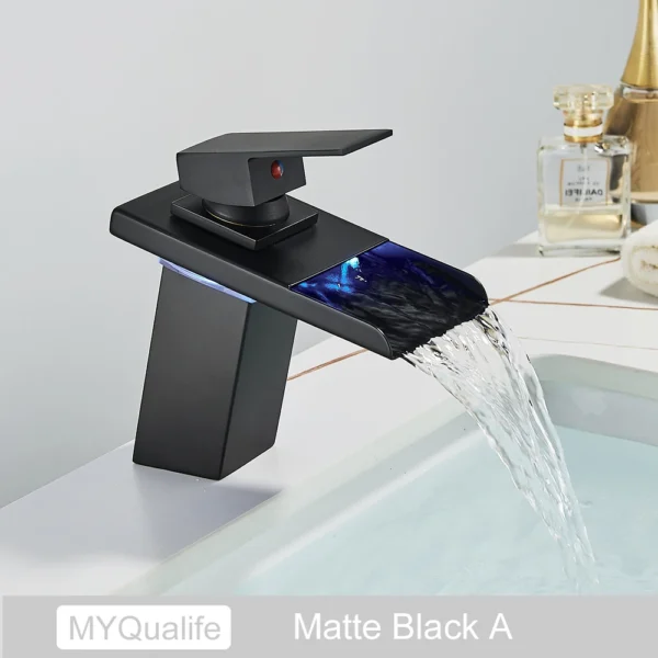 Luxury LED Color Changing Waterfall Basin Sink Faucet Single Handle Deck Mounted Hot and Cold Mixer Taps