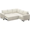 S667c65af00a94bb294a91e39136473afZ.webp Velvet L-Shaped Sectional Sleeper Sofa with Pull-Out Couch Bed, Beige