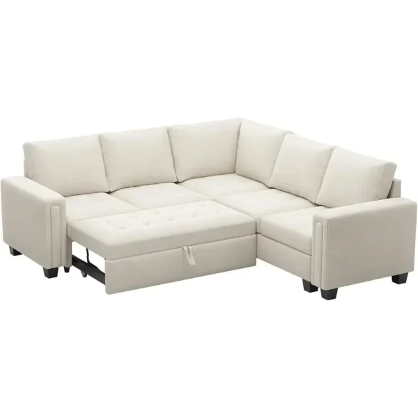 S667c65af00a94bb294a91e39136473afZ.webp Velvet L-Shaped Sectional Sleeper Sofa with Pull-Out Couch Bed, Beige