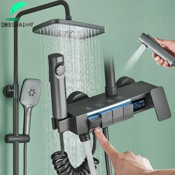 Gun Grey Piano Digital 4 Function Shower Set Bathroom Faucets Hot Cold Waterfall Digtial Display Tap Rainfall Shower System