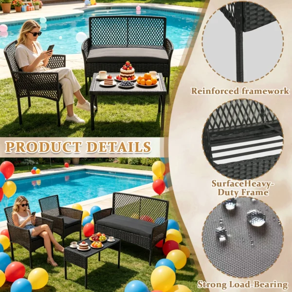 Outdoor Patio Furniture Set 4-Piece, Wicker Hollow-Out Conversation Sofa with Cushions, Coffee Table