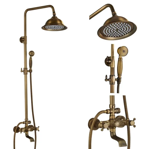 Antique Brass Shower Faucets Set 8'' Rainfall Shower Head Brass Handshower Dual Handle Mixer Tap Rotation Bath Shower Faucet