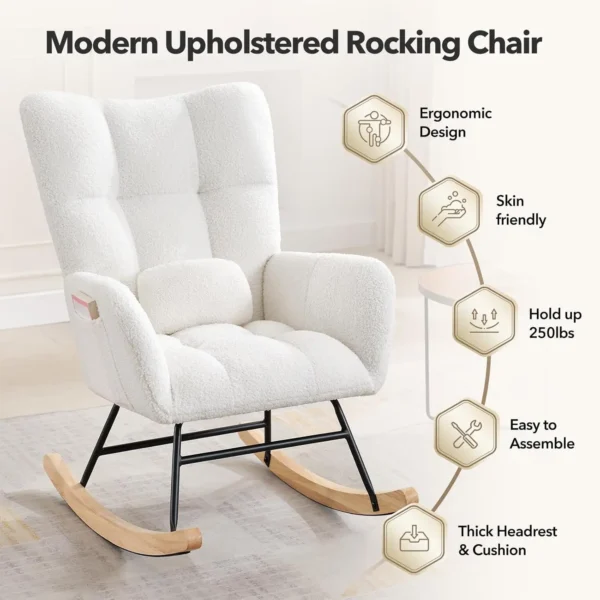 Modern Upholstered Nursery Rocking Chairs, with Side Pocket High Back Teddy Boucle Rocker Chair