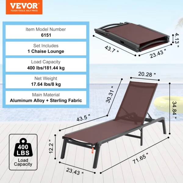 SucceBuy Chaise Lounge Chair Outdoor Aluminum Patio LoungeFolding Pool Lounge Recliner Full Flat for Patio Beach Pool