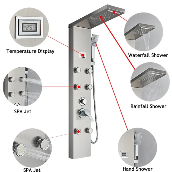 S70210ec233d44f75a5dcaae26715c455d.webp LED Shower Panel Waterfall Rain Digital Display Shower Faucet System Set Bathroom Column Mixer With SPA Massage Jet