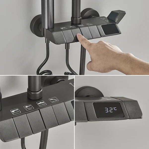 Gun Grey Piano Digital 4 Function Shower Set Bathroom Faucets Hot Cold Waterfall Digtial Display Tap Rainfall Shower System