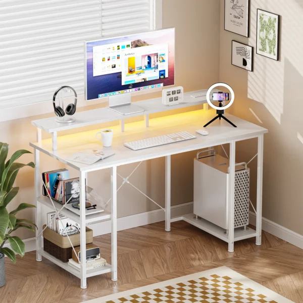 48 Inch Computer Desk with with Shelves Storage Drawers Office Wood Table with LED Lights Power Outlets