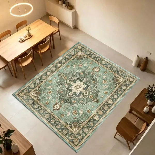 S76205ef0ef58416f872740ebf281911dh.webp Muted Teal Medallion Rug, Soft & Comfortable, All Seasons, Easy to Maintain, Machine Washable
