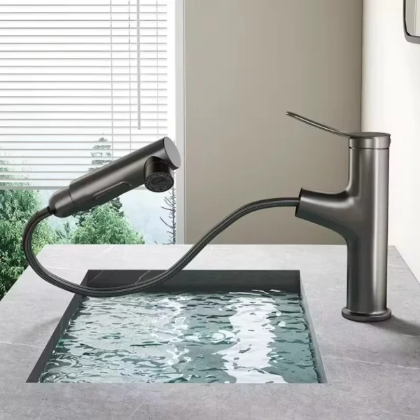 Bathroom Sink Pull-out Hot and Cold Water Mixer Faucet for Bathroom Grey/Chrome 3 Functions Mouthwash Faucet Deck Mount