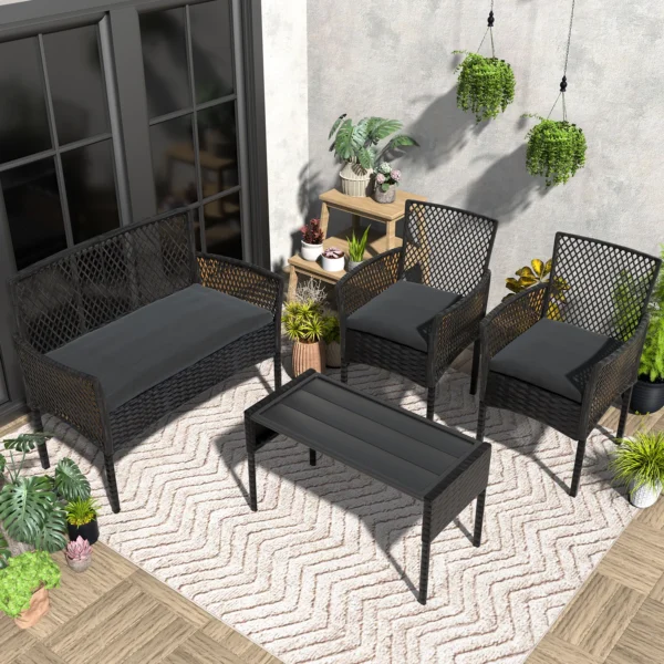 Outdoor Patio Furniture Set 4-Piece, Wicker Hollow-Out Conversation Sofa with Cushions, Coffee Table