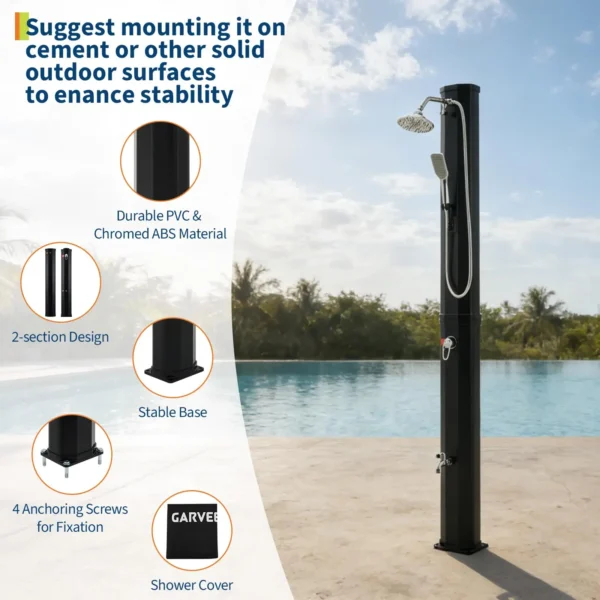 7.2FT Freestanding Solar Heated Pool Shower 9.3 Gallon Outdoor Shower Kit With Handheld Foot Faucet Hot Cold Water & Cover