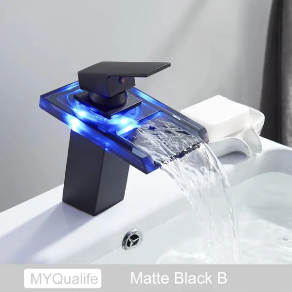 Luxury LED Color Changing Waterfall Basin Sink Faucet Single Handle Deck Mounted Hot and Cold Mixer Taps