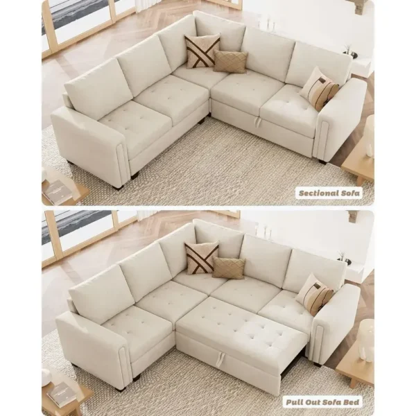 S82d9a084a11c4570bfffbd3225d080fcP.webp Velvet L-Shaped Sectional Sleeper Sofa with Pull-Out Couch Bed, Beige