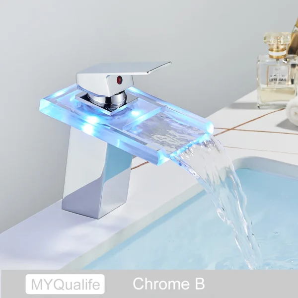 Luxury LED Color Changing Waterfall Basin Sink Faucet Single Handle Deck Mounted Hot and Cold Mixer Taps