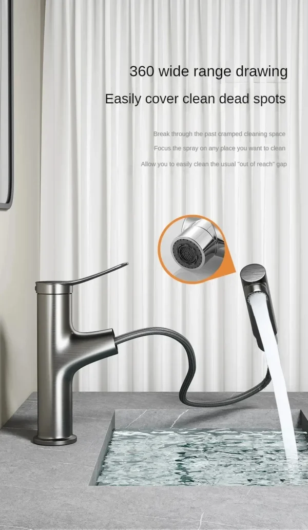 Bathroom Sink Pull-out Hot and Cold Water Mixer Faucet for Bathroom Grey/Chrome 3 Functions Mouthwash Faucet Deck Mount