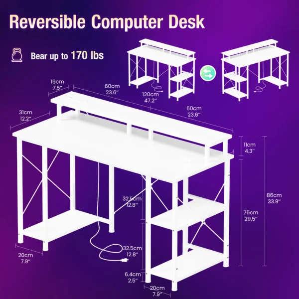 48 Inch Computer Desk with with Shelves Storage Drawers Office Wood Table with LED Lights Power Outlets