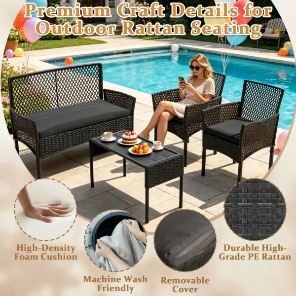 Outdoor Patio Furniture Set 4-Piece, Wicker Hollow-Out Conversation Sofa with Cushions, Coffee Table