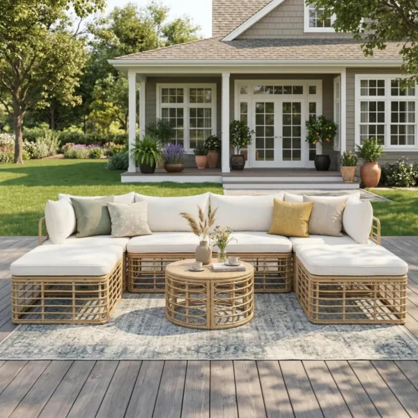 7 Pieces Outdoor Patio Furniture, All-Weather Rattan Sectional Sofa Set with Thick Cushions and Pillows, Freely Combined Conversation Sets for Garden, Backyard