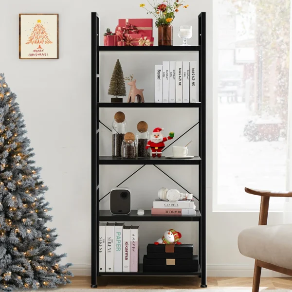 Wooden Storage Standing 5 Tiers Display Bookshelf Sturdy Structure Graduated Shelves Adjustable Feet for Living Room