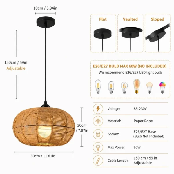 S8dcbb3320bb94939837b99581d7ae8d7R.webp 11.8 Inch Boho Wicker Pendant Light, Hand Woven Rattan Hanging Light Fixture with Adjustable 59in Cord