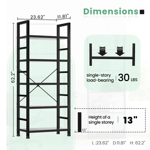 Wooden Storage Standing 5 Tiers Display Bookshelf Sturdy Structure Graduated Shelves Adjustable Feet for Living Room