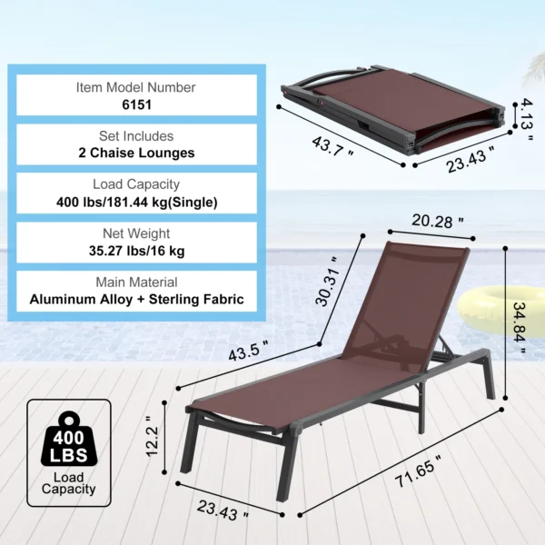 SucceBuy Chaise Lounge Chair Outdoor Aluminum Patio LoungeFolding Pool Lounge Recliner Full Flat for Patio Beach Pool