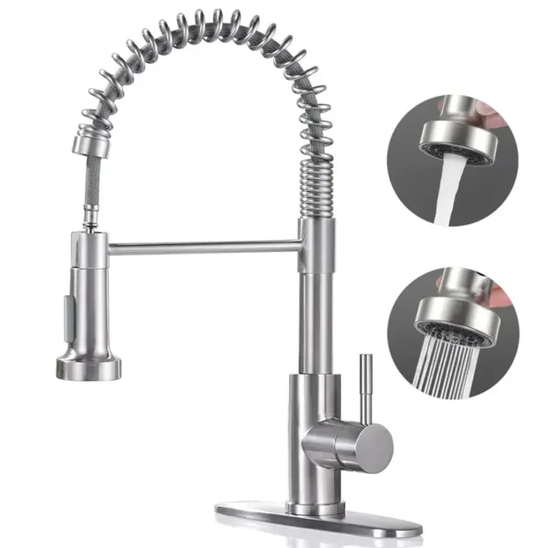 Modern Brushed Nickel Kitchen Faucet - Compact Single Handle, Pull Down Sprayer, 1/3 Holes Adaptable