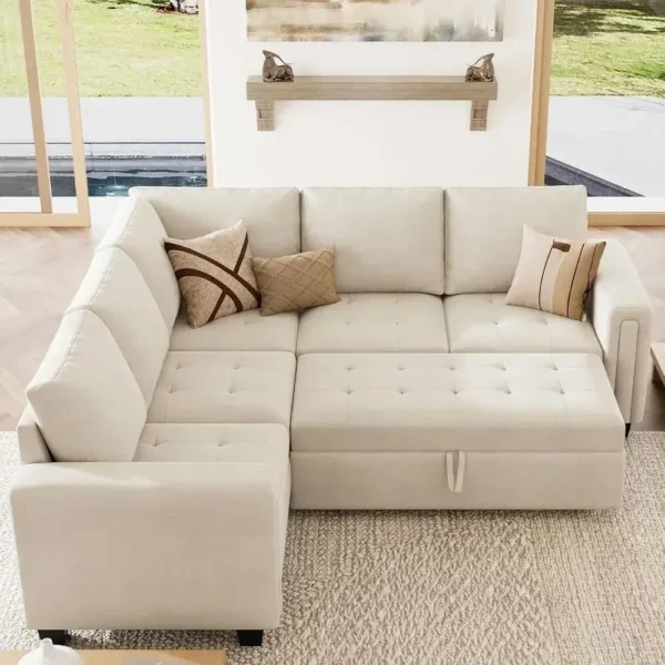 Sa136a7af64ea4cdfa9b7509b8a15b695P.webp Velvet L-Shaped Sectional Sleeper Sofa with Pull-Out Couch Bed, Beige