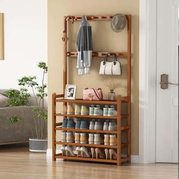 Sa58b2e1214454df29d7f2180ecb2ac2aZ.webp 185cm Large Wooden 5 Tiers Hall Tree Hat Coat Stand with 8 Hooks Clothes Shoe Rack Hanger Hooks Shelf Storage 
