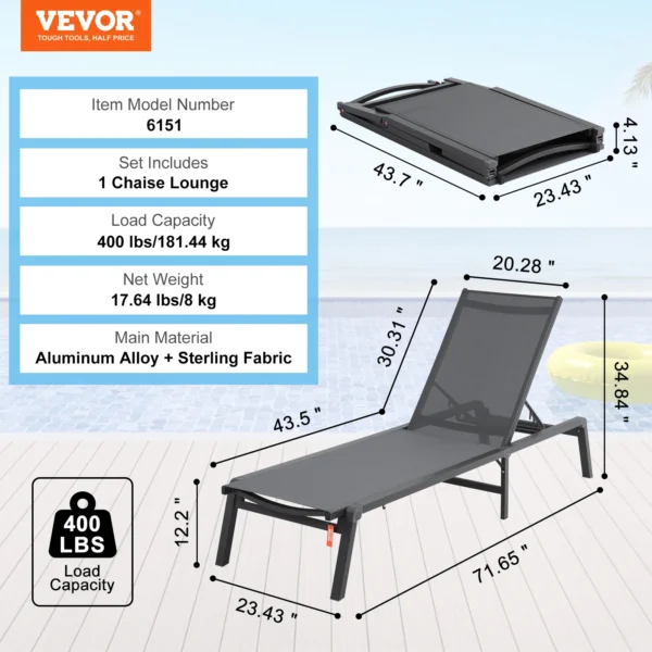 SucceBuy Chaise Lounge Chair Outdoor Aluminum Patio LoungeFolding Pool Lounge Recliner Full Flat for Patio Beach Pool