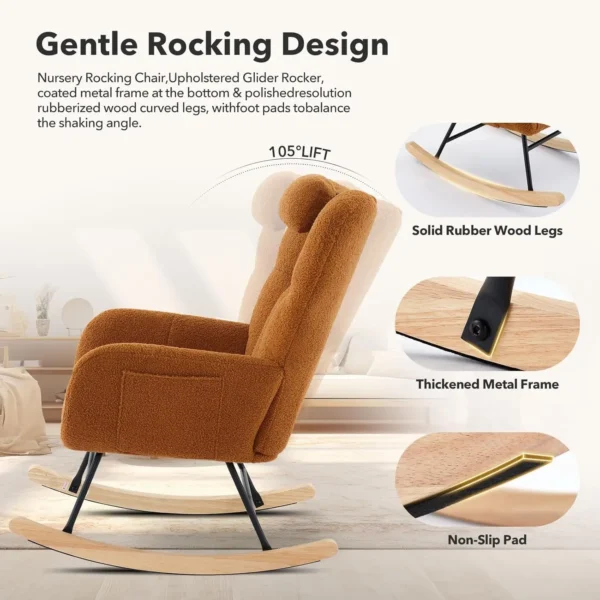 Modern Upholstered Nursery Rocking Chairs, with Side Pocket High Back Teddy Boucle Rocker Chair