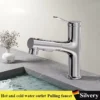 Bathroom Sink Pull-out Hot and Cold Water Mixer Faucet for Bathroom Grey/Chrome 3 Functions Mouthwash Faucet Deck Mount