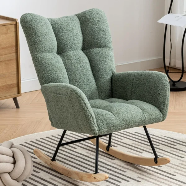 Modern Upholstered Nursery Rocking Chairs, with Side Pocket High Back Teddy Boucle Rocker Chair