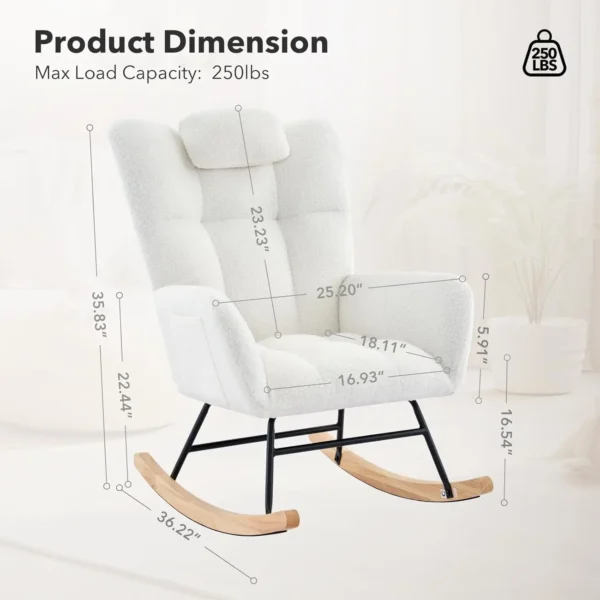 Modern Upholstered Nursery Rocking Chairs, with Side Pocket High Back Teddy Boucle Rocker Chair