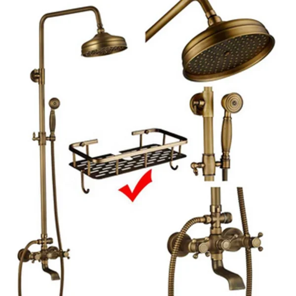 Antique Brass Shower Faucets Set 8'' Rainfall Shower Head Brass Handshower Dual Handle Mixer Tap Rotation Bath Shower Faucet