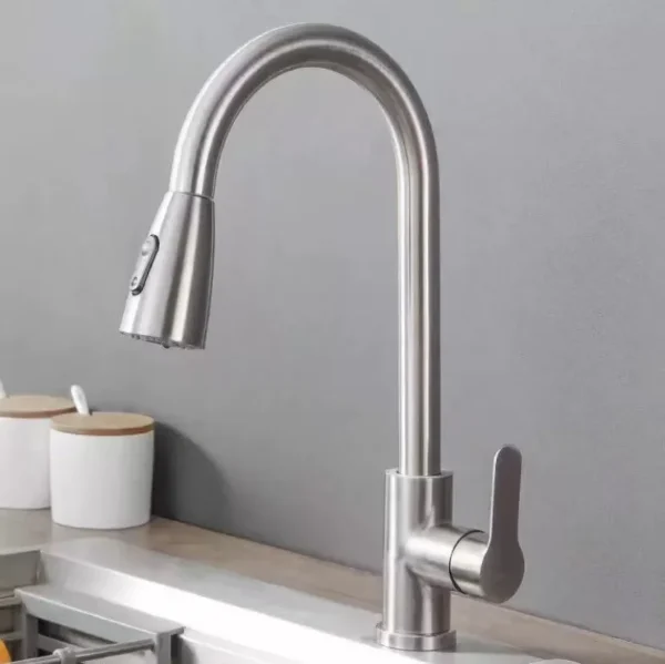 Stainless Steel Kitchen Faucet Single Hole Pull Out Spray 360° Swivel Sink Faucet High Arc Modern Design