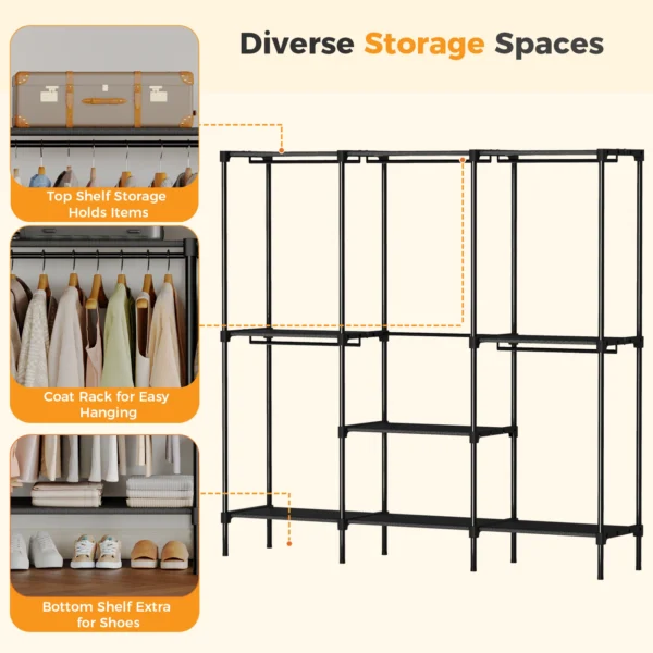 Portable Three Rows Wardrobe Closet with Hanging Rods Clothing Rack with Shelves Mudroom Storage Organizer