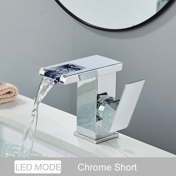 Luxury LED Color Changing Waterfall Basin Sink Faucet Single Handle Deck Mounted Hot and Cold Mixer Taps