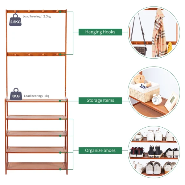 Sc0059ae2e7024a15aae24e8445ed0c42T.webp 185cm Large Wooden 5 Tiers Hall Tree Hat Coat Stand with 8 Hooks Clothes Shoe Rack Hanger Hooks Shelf Storage 